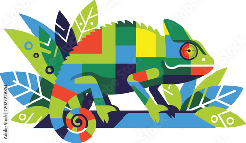 Colorful geometric chameleon on green leaves