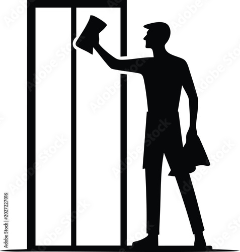 Billede på lærred Silhouette of a professional man cleaning a tall glass door surface for a spotle