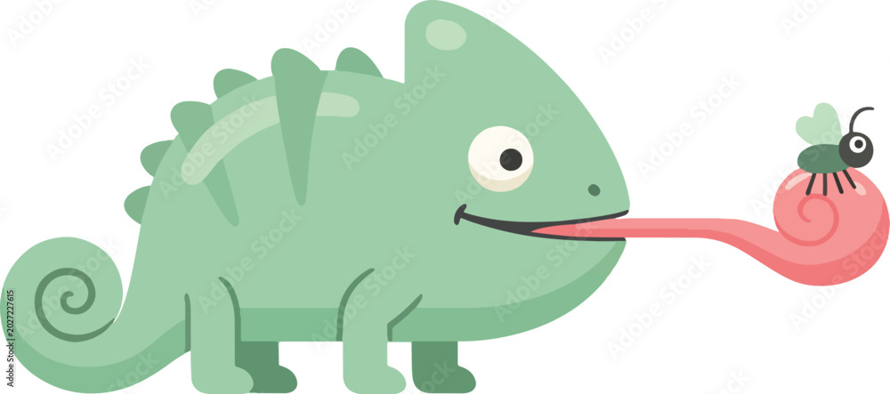 Fototapeta premium Cartoon chameleon with tongue catching fly and worm on tongue