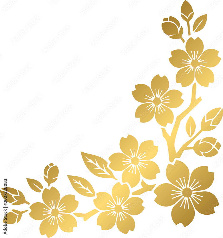 Obraz premium Golden Elegant Cherry Blossom Corner Border Design with Blooming Flowers