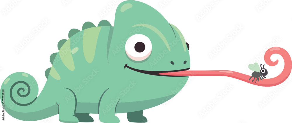 Obraz premium Cute chameleon with long tongue catching insect in cartoon style