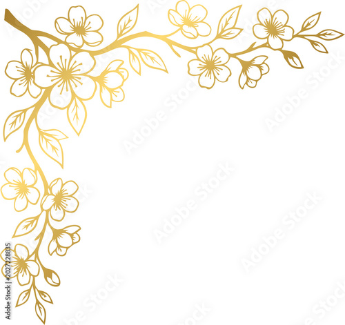 Golden Elegant Cherry Blossom Corner Border Design with Blooming Flowers