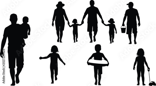 Family walking together vector silhouette set, parents and children black illustration