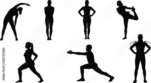 Female fitness silhouette vector set of yoga, workout and stretching poses
