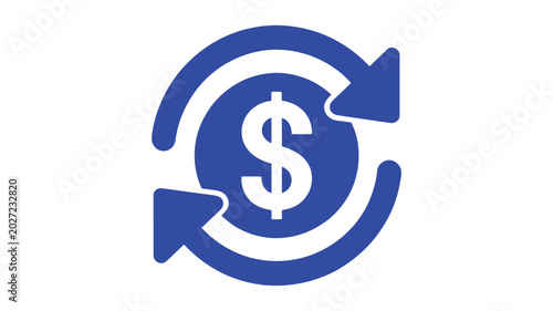 Blue dollar sign with circular arrows symbol representing money exchange on transparent background.