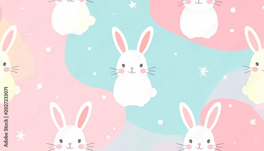 Obraz premium Cute White Bunny Pattern on Pastel Pink and Blue Background