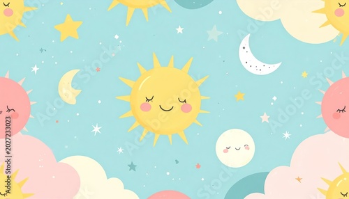 Cute Smiling Sun Moon and Star Pattern on Pastel Sky Background