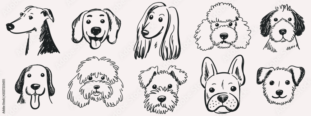 Fototapeta premium Scribble Chalk Charcoal Style Dogs Drawing, hand drawn puppy sketch art wax crayon grunge cute whimsical doodle vector illustration isolated white background tshirt poster sticker design