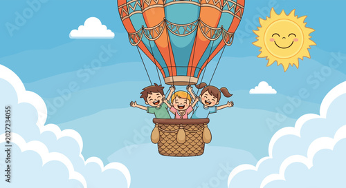 Group of three happy children enjoys a colorful hot air balloon ride high in the sky with a smiling sun and white clouds.