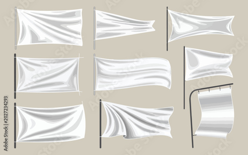 Set of realistic white flags waving on poles with white flag white background flagpole illustration template collection