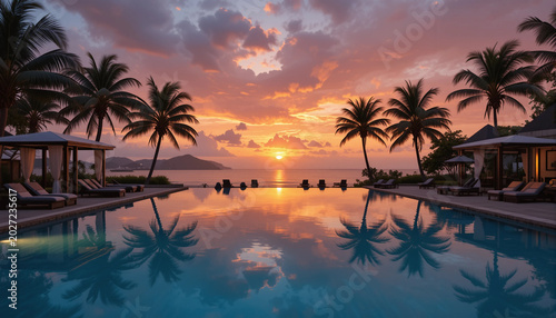 A luxury hotel poolside at sunset showcases clear, reflective water, surrounded by palm trees and lounge chairs, with sleek modern architecture in the background.
