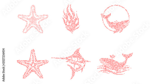 Photography Set of six marine life illustrations isolated on white background