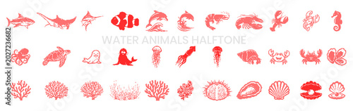 Set of halftone water animals and sea life icons