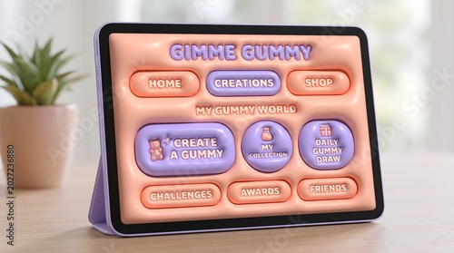 Gimme Gummy Interface: A 3D render of a soft, pillowy user interface layout in 