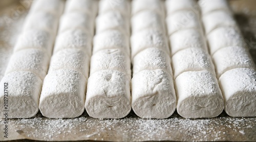 Squishy Marshmallow Grid: A macro shot of perfectly aligned, soft white marshmallows, showing subtle pillowy wrinkles and a dusted surface.