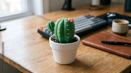 Squishy Silicon Cactus: A miniature, cartoon-like cactus made of matte, squishy green silicone, sitting in a small white ceramic pot on a desk.