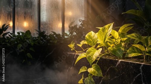 Golden Pothos Cascading Over Dark Marble in Luxury Biophilic Interior with Cinematic Lighting and Rain Drops