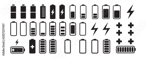 Fotografie Extensive collection of battery icons showing charge levels power indicator and lightning bolt symbol for energy concepts