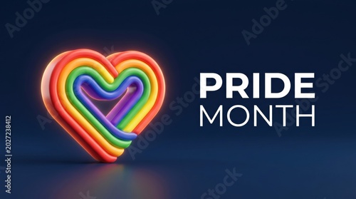 Pride Month celebration banner, rainbow heart 3D icon on dark blue background, LGBTQ community support and diversity concept