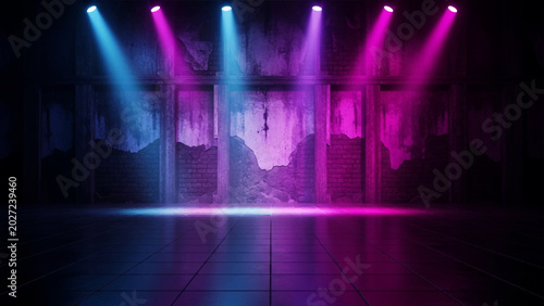 Tableau sur toile Empty stage with dark brick walls illuminated by bright blue and purple spotligh