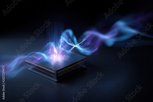 Microchip processing data with glowing energy streams dark background