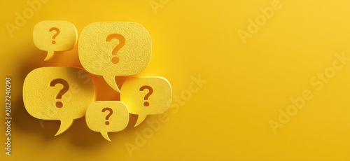 Clusters of yellow speech bubbles with question marks on a vibrant yellow background
