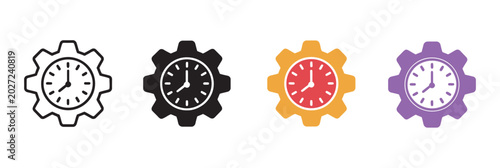 Time Management and Efficiency Optimization Icon Set, productivity time clock gear cog wheel efficiency scheduling icon set vector illustration isolated white background
