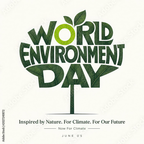 Environment day typography with text formed by green leaves on a generated using ai background