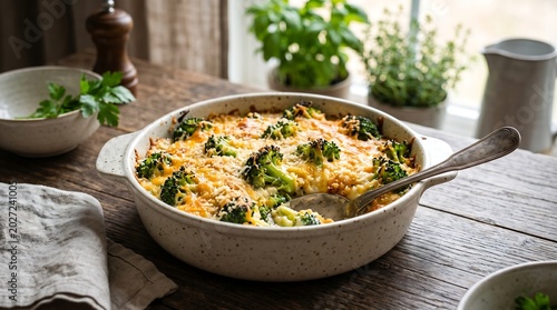 Homemade baked pasta dish with broccoli in a skillet on a wooden table