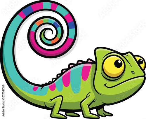 Colorful chameleon with large eyes and spiral tail in cartoon style