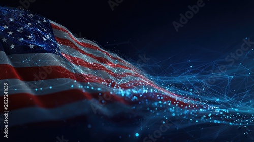 Waving digital fabric flag over glowing blue network in dark space