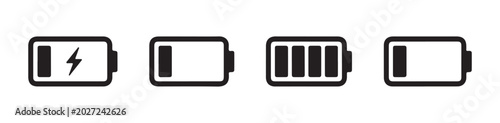 Fotografie Battery charge level indicator icons showing power status from empty to full with lightning bolt for energy charge