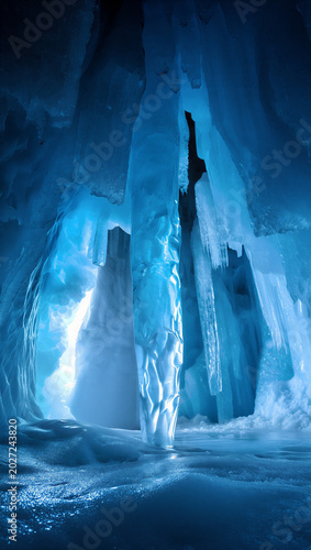 Fotografía Inside a deep blue ice cave with massive frozen stalactites and sunlight