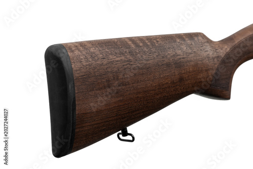 Photography Wooden shotgun buttstock close up