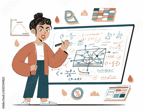 Foto Female mathematician or teacher explaining complex math formulas and data analys
