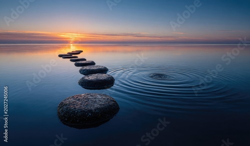Stepping stones lead across tranquil water toward a serene sunset on the horizon