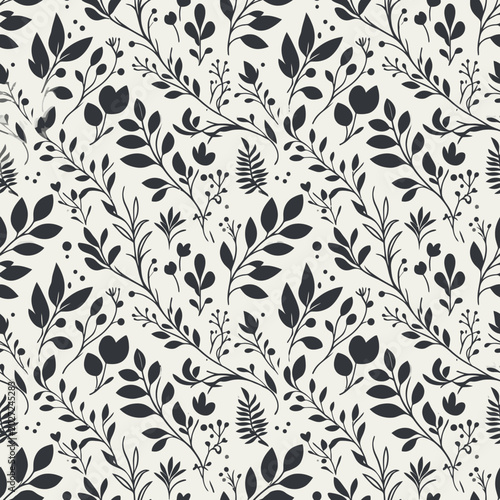 Black and white leafy botanical pattern.