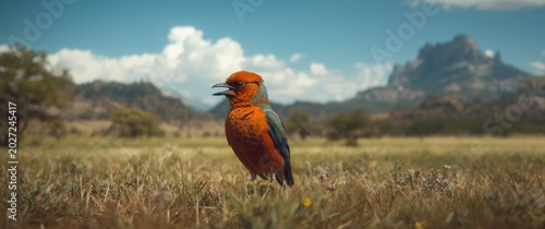 Bright plumaged bird standi...