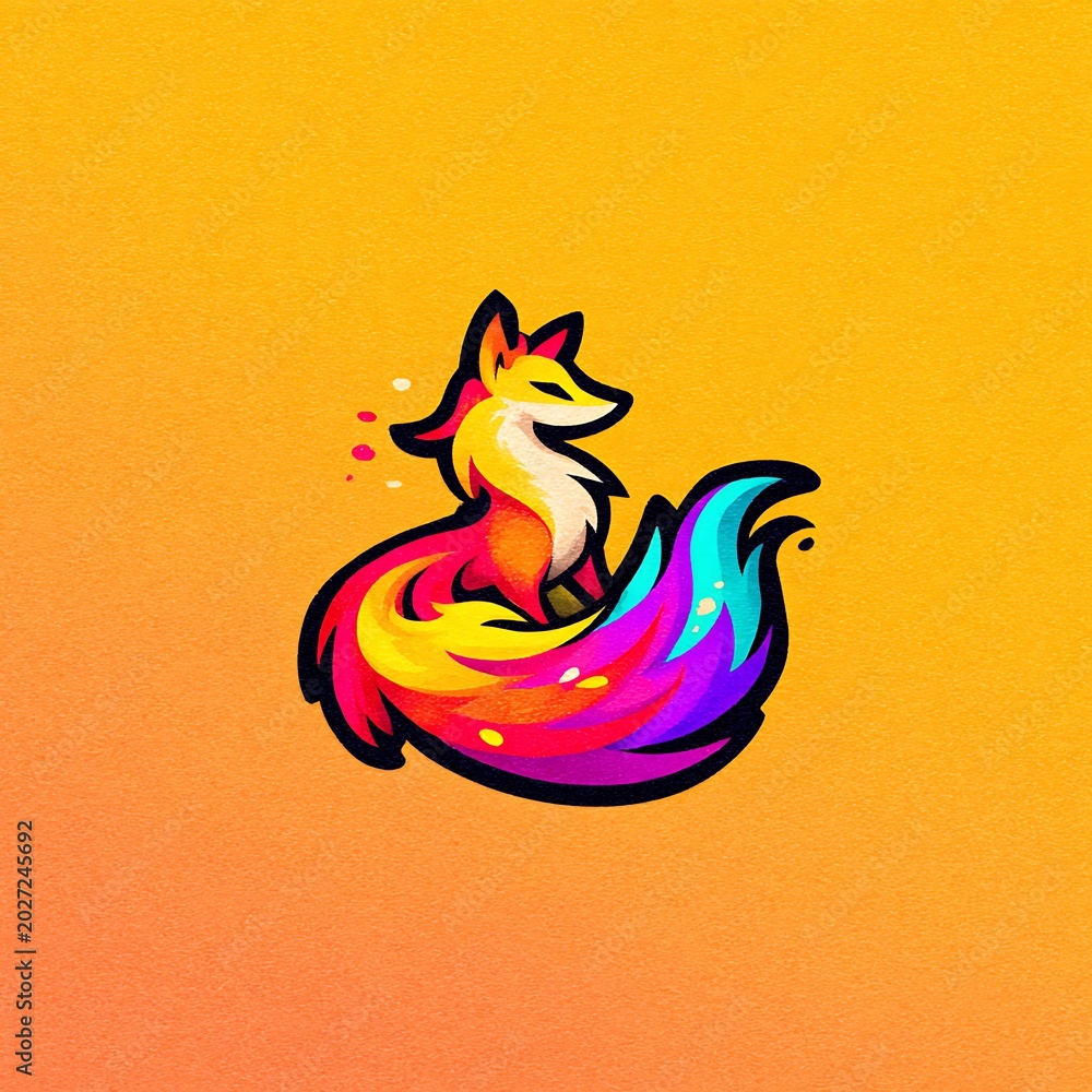 Naklejka premium Artistic fox with colorful flowing fur textures on a warm yellow background animal