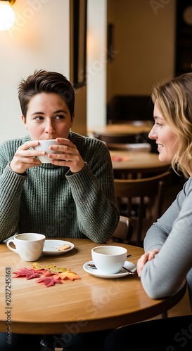 Two Young Women Drinking Coffee and Talking in Cozy Cafe
