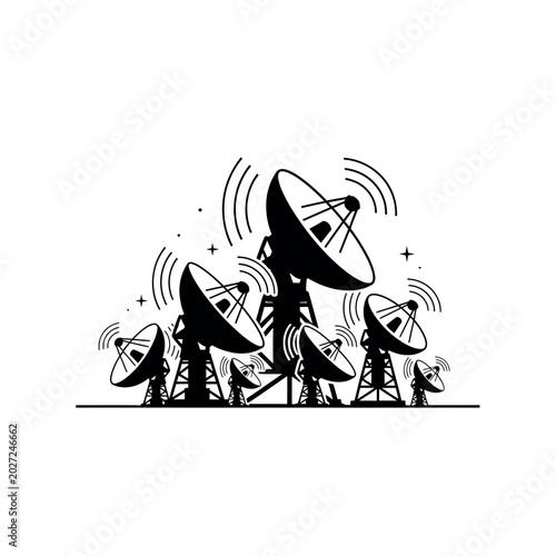 Tableau sur toile Satellite Dishes Array Broadcasting Signals.