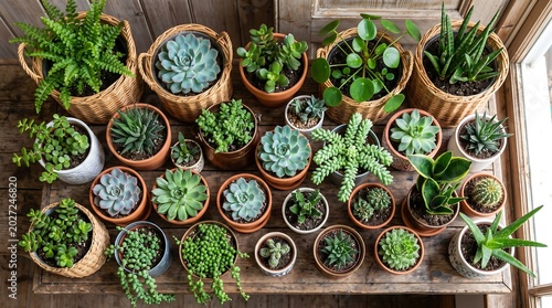 Collection of potted succulents and green plants on a shelf