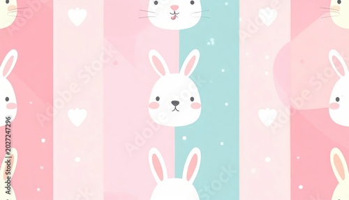 Cute White Bunny Pattern with Pastel Stripes and Hearts on Playful Background