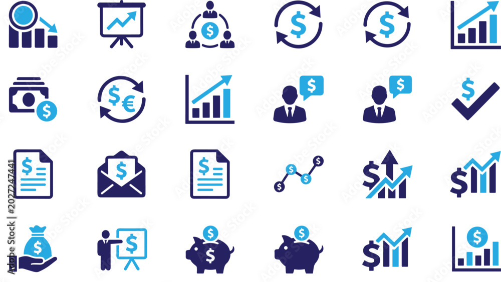 Fototapeta premium Modern financial and business icon collection featuring money symbols, charts, growth arrows, piggy banks, and economic exchange graphics