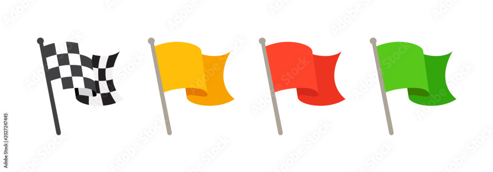 Fototapeta premium Racing Flag Signals Vector Set – Checkered, Yellow, Red and Green Waving Flags Illustration