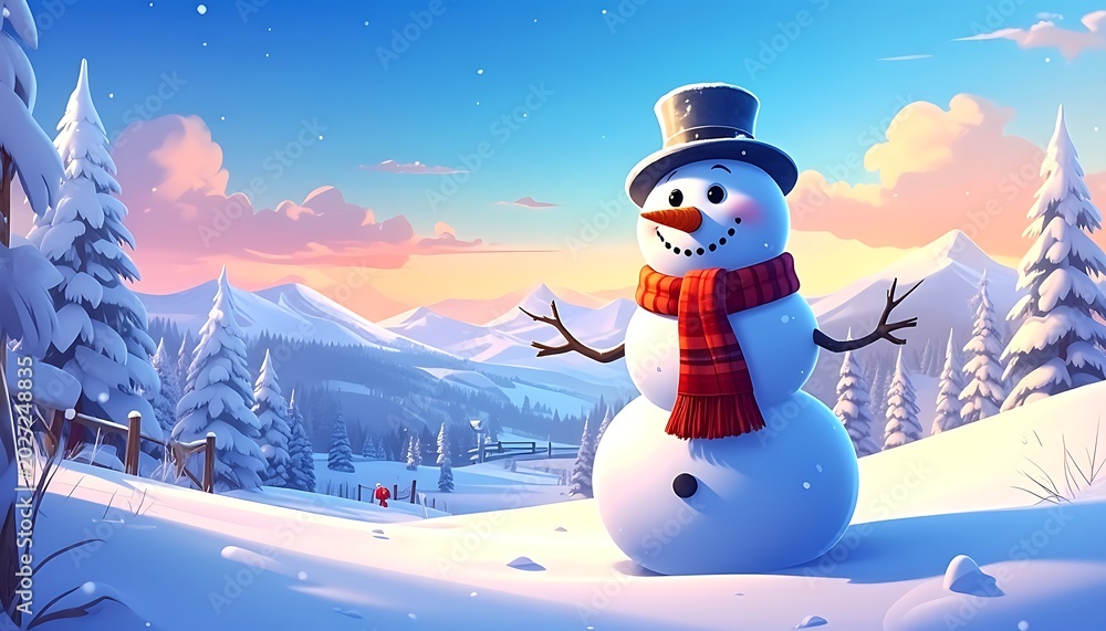 Obraz premium A cheerful snowman in a snowy mountain landscape at sunset