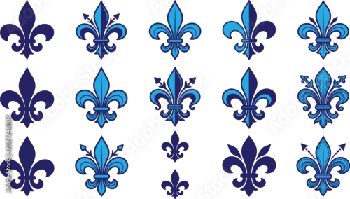 Fototapeta Stylized fleur‑de‑lis symbols in blue variations representing decorative design, heraldry, royalty, tradition, elegance, ornament, and artistic motif