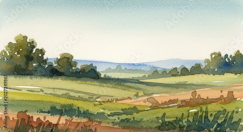 Watercolor landscape painting of rolling green hills and distant blue mountains under a clear sky