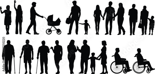 Diverse group people silhouette collection, family with stroller elderly and wheelchair users set, pitch black solid silhouette cad drawing flat illustration.
