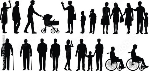 Diverse people collection silhouette, family stroller wheelchair elderly and children set, pitch black solid silhouette cad drawing flat vector illustration.
